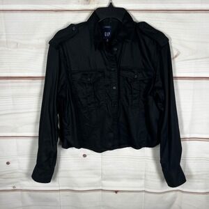 GAP Cropped Shirt Womens Small Black Solid Utility Long Sleeve Button Up Pockets